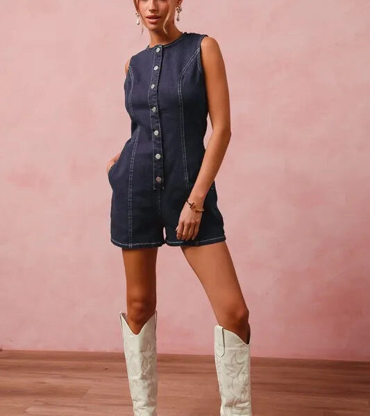 Button Front Washed Denim Sleeveless Romper