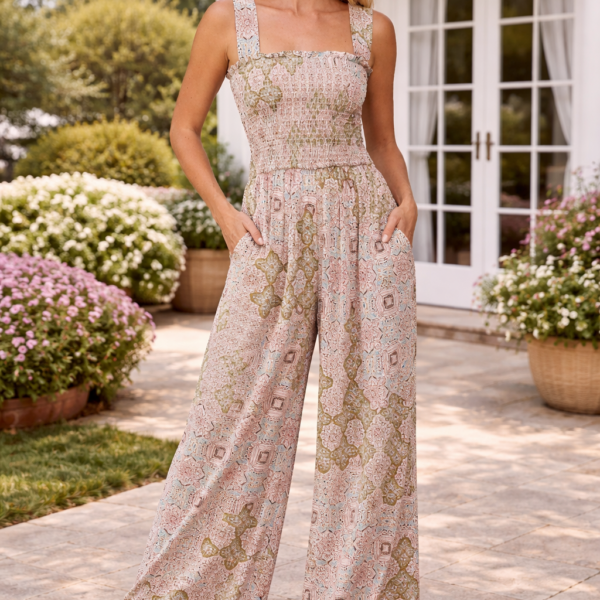 Smocked Boho Wide Leg Jumpsuit