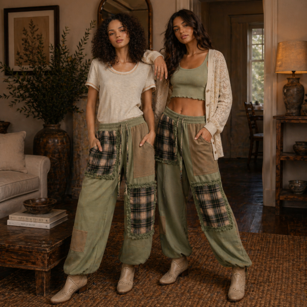 Matcha Plaid Patchwork Drawstring Jogger Pants