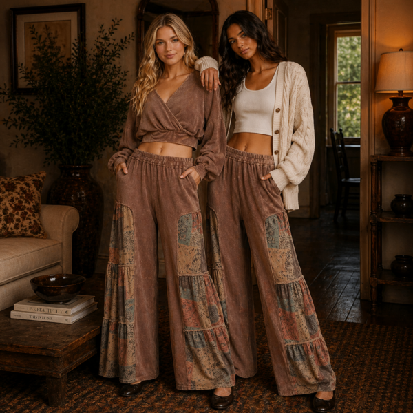 Burnt Orange Mineral Wash Patchwork Wide-Leg Pants
